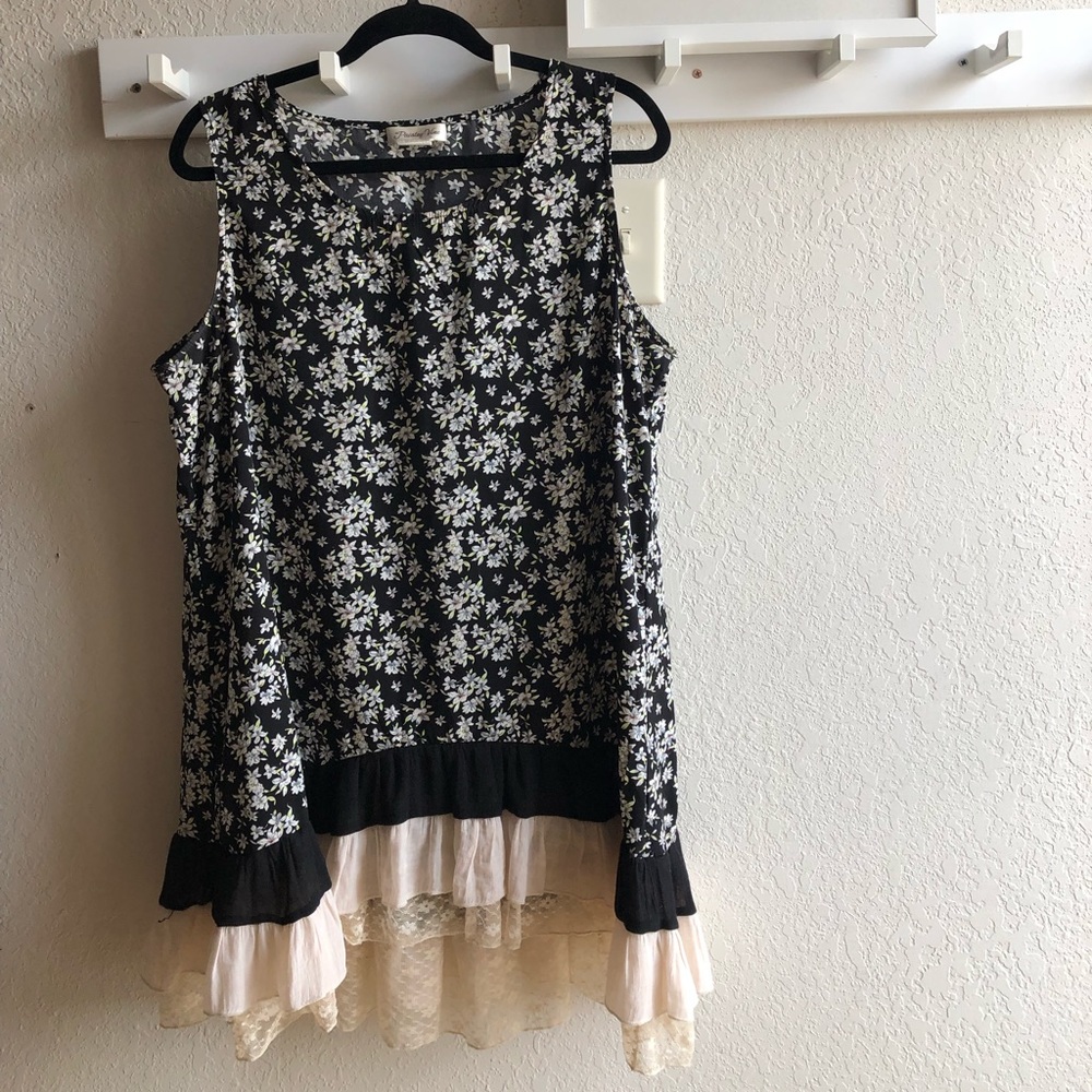 Black Floral shirt/dress with Ruffle Bottom